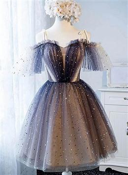 Picture of Cute Short Tulle Lace Spaghetti-Straps V-Neck Prom Dress, Homecoming Dress